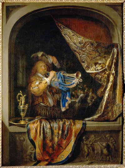 A trombitás, a háttérben egy lakoma ... alkotó: Gerrit or Gerard Dou