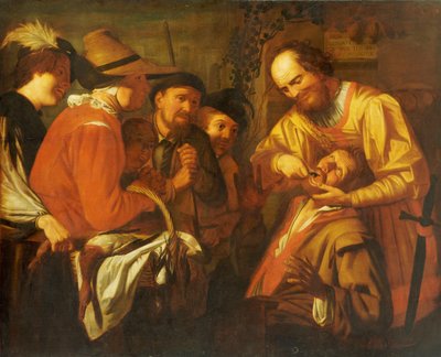 Egy fogat húzó hájas fogorvos, miközben egy csoport bámészkodó figyel a közelben alkotó: Gerrit van Honthorst
