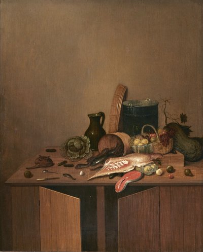 Konyhai csendélet hússal, hallal és zöldséggel alkotó: Gerrit van Vucht