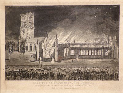 East, South & Cross Churches, Dundee, ahogy megjelentek a Fire-ben 1841. január 3-án, vasárnap, 1841 körül (rézkarc) alkotó: Gershom Gourlay Cumming