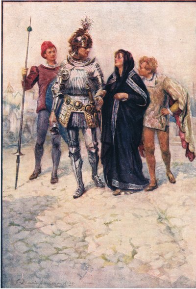 Arthur herceg bevezeti Belge-t és fiait a kastélyba, a Történetek a tündérkirálynőből, amelyet George Harrap and Company adott ki. alkotó: Gertrude E. Demain (after) Hammond