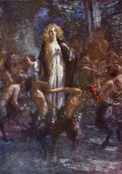 "A szatírok vidáman táncoltak körülötte" (színes litho) alkotó: Gertrude E. Demain (after) Hammond