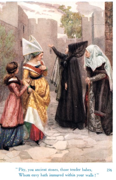 „Sajnálom, ósdi kövek, azok a gyengéd csajok, akiket az irigység beszippantott a falatok közé!”, illusztráció a „Shakespeare-történetek az angol királyokról” című kötetből, amelyet George Harrap & Son adott ki. alkotó: Gertrude E. Demain Hammond