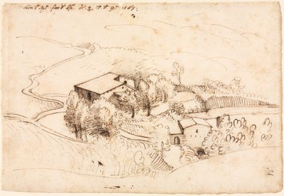 Tanya fákkal dombos tájon recto, 1567. alkotó: Gherado Cibo