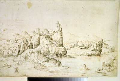""A Castle on a Rock in Mountainscape" (A Castle on a Rock in Mountainscape) Barna tusrajz, Gherardo Cibo (1512-1600) 1540 Puskin Múzeum, Moszkva alkotó: Gherardo Cibo