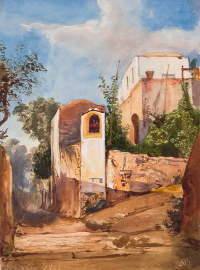 Út menti szentély, Luigi Maria di Borbone herceg (1838-1886) kiegészítéseivel, 1853. június 13. (ceruza, wc és gouache papíron) alkotó: Giacinto Gigante