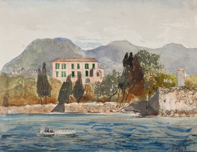 Borbone zászlós evezős bárka egy nagy házhoz közelít a nápolyi tengerparton, Gaetano Maria Federico di Borbone herceg (1846-1871) kiegészítéseivel (ceruza, wc és gouache) alkotó: Giacinto Gigante