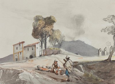 Pásztorok a Vezúval a távolban, Borbone-tanuló kiegészítéseivel (ceruza, wc és gouache papíron) alkotó: Giacinto Gigante