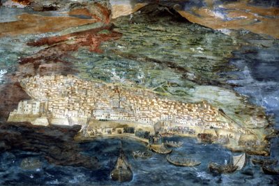 1669-ben Catania városát (Szicília) elpusztította az Etna kitörése. Giacinto Platania festménye. Catania dóm sekrestyéje. alkotó: Giacinto Platanio