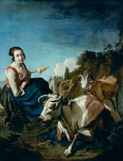 Egy lány tehénnel és báránnyal sziklás tájon, 1700 körül (olaj, vászon) alkotó: Giacomo Ceruti