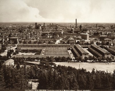 Panoráma Bologna városára: kilátás a San Michele in Bosco-ból. alkotó: Giacomo Brogi