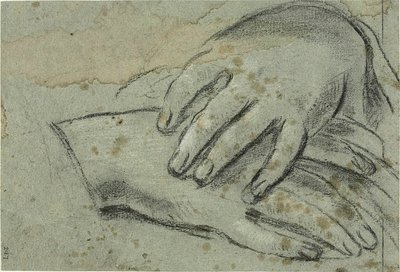 Keresztbe tett kezek (recto); jobb láb, drapéria által részben fedett (verso) alkotó: Giacomo Cavedone