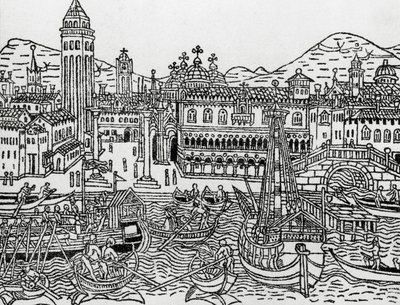 Velence látképe a 15. században, Olaszország, fametszet, Giacomo Filippo Foresti (1434-1520) Supplementum chronicarumból alkotó: Giacomo Filippo Foresti