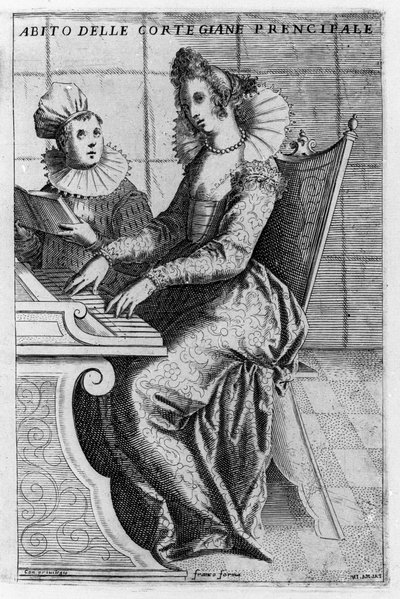 Egy udvarhölgy elegáns ruhában zongorázik. Giacomo Franco (1550-1620) metszete „Velence, felhasználások és szokások” 1597 körül. alkotó: Giacomo Franco