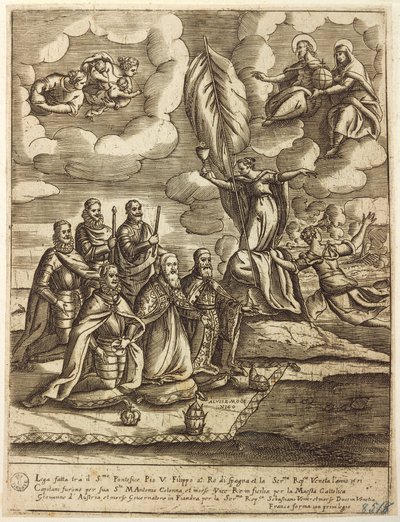 Az 1571-es Szent Liga allegóriája V. Pius pápa, Fülöp spanyol és Alvise Mocenigo velencei dózse által, Giacomo Franco (1556-1620) metszete alkotó: Giacomo Franco
