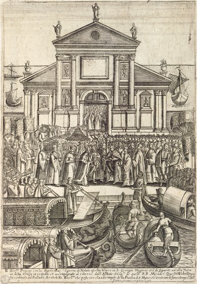 A dózse és kísérete a vesperát hallgatja karácsony napján a velencei San Giorgio Maggiore templomban alkotó: Giacomo Franco