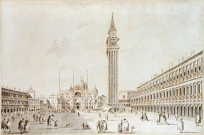 Kilátás a Piazza San Marco-ra, kilátással a Bazilikára és a Campanile-ra (toll és tinta mosással papíron) alkotó: Giacomo Guardi