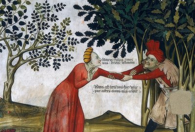 A fiatalság forrása. Részlet: egy férfi beránt egy nőt a bokrok közé. 1418-30 alkotó: Giacomo Jaquerio