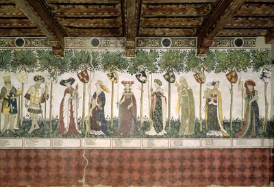 A kilenc méltóság és a kilenc méltóságos nő, Nagy Károly, Godfrey de Bouillon, Delphine, Iynoppe, Hippolyte, Menalyppe, Semiramis, Lampeto és Tamyris részlete, 1418-30. alkotó: Giacomo Jaquerio