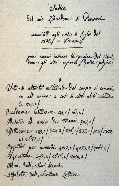 Giacomo Leopardi (1798-1837) a Zibaldone (vagy „Pensieri”) kéziratának incipituma. 1817-1832 alkotó: Giacomo Leopardi