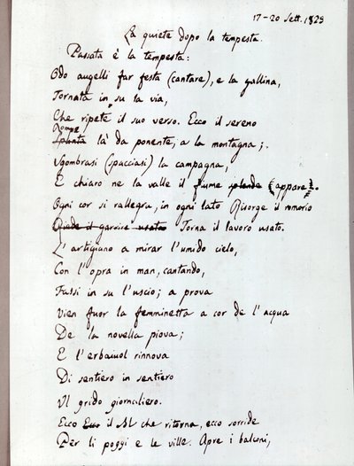 Leopardi "A vihar utáni csend" című versének kézirata. 1829 (dokumentumok ) alkotó: Giacomo Leopardi