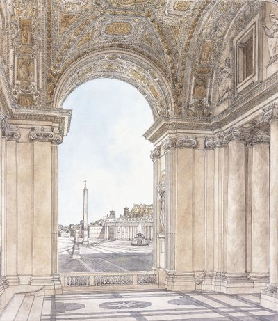 Kilátás a Piazza San Pietro-ra, Rómában délre nézve a Bazilika portikójából, 1779 előtt alkotó: Giacomo Quarenghi