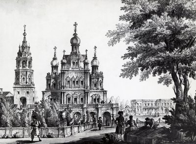 Mennybemenetele templom és Gagarin-palota Moszkvában, Giacomo Quarenghi Domenico (1744-1817) rajza, nyomtatás, Oroszország alkotó: Giacomo Quarenghi