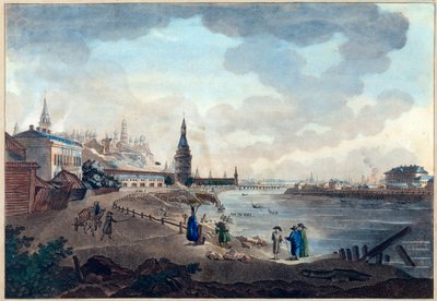 Kilátás a moszkvai Kremlre a Moszkva feletti kőhídról (Moskva vagy Moskwa). Giacomo Antonio Domenico Quarenghi (1744-1817) alkotása, akvarell és tus papírra, 1790 körül. Olasz művészet alkotó: Giacomo Quarenghi