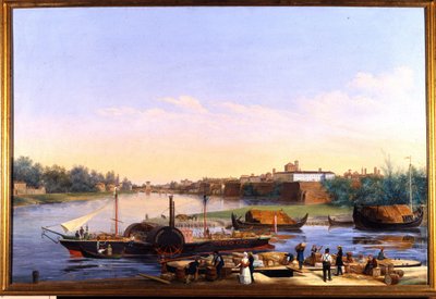 Kilátás a Pó-parti Pavia (Pavia) kikötőjére és a Principessa Clementina gőzhajóra””””” Giacomo Trecourt (1812-1882) festménye XIX. alkotó: Giacomo Trecourt