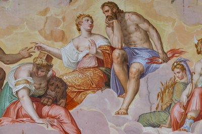 Juno, Jupiter, Cybele felhőkön hever, építészeti romok felett, az Olimposz termének részlete, 1557 körül (freskó) alkotó: Giambattista Zelotti