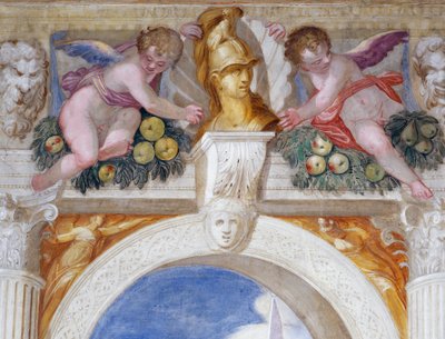 Putti egy hős mellszobra mascarons és gyümölcs díszek között alkotó: Giambattista Zelotti