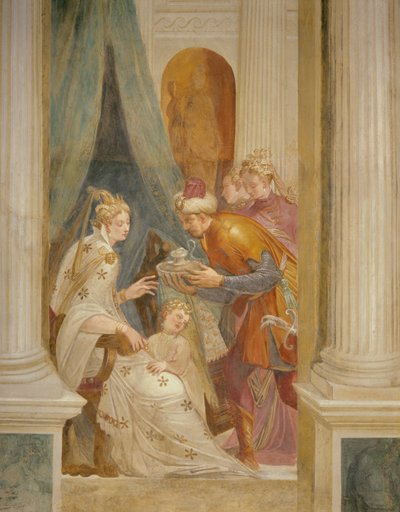 Jobb oldali fal Sophonisbát ábrázoló gyermekével, aki megkapja a következő edény mérget (freskó) alkotó: Giambattista (1526-78) Zelotti