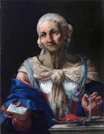 Öregasszony gyöngy nyaklánccal és betűvel (Vanitas) - Öregasszony gyöngy nyaklánccal és betűvel (Vanitas) - Giovan Battista Langetti (1635-1676). Olaj, vászon, kb 1663. Nemzeti Galéria, Prága alkotó: Giambattista Langetti