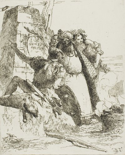 Egy varázsló, egy katona és három figura, akik égő koponyát néznek, Scherzitől alkotó: Giambattista Tiepolo