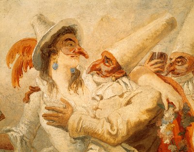 Giandomenico Tiepolo (1727-1804) karneválja, freskó, részlet három maszkkal, Ca