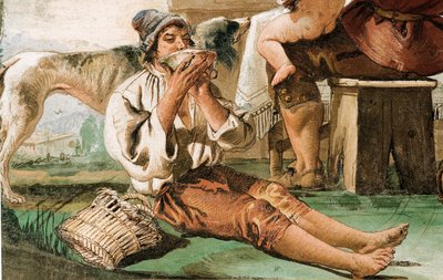 Részlet a parasztcsaládból az asztalnál, a rusztikus jelenetek szobájából, a Foresteriában, 1757 alkotó: Giovanni Domenico Tiepolo