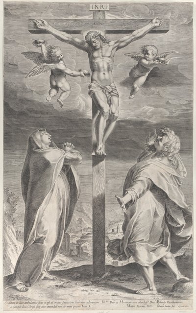 Keresztre feszítés Szűz Máriával és Szent János evangélistával, angyalok a fejük felett, kb. 1593., kb. 1593 alkotó: Gijsbert Van Veen