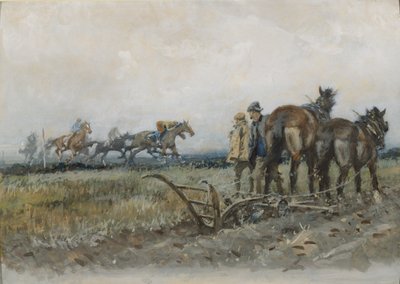 Versenylovak az edzésen szántók által figyelve (wc és gouache a fedélzeten) alkotó: Gilbert Holiday