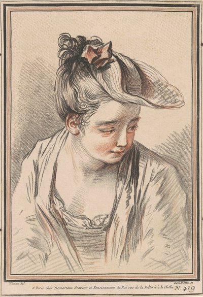 Egy kalapot viselő fiatal nő feje alkotó: Gilles Demarteau the Elder after Antoine Watteau