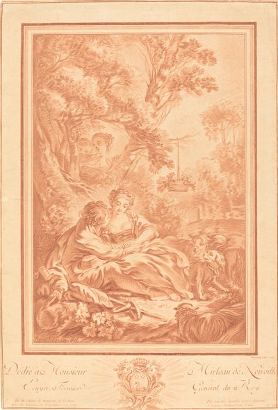 Két szerető ül egy nagy fa tövében, két lány meglepte alkotó: Gilles Demarteau, the Elder after François Boucher