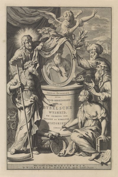 A bibliai alakok felfedik Mózes portréját Címlap: Wilhelmus Goeree, Előkészületek a bibliai bölcsességre, valamint a szent és egyháztörténet felhasználása, 1690 alkotó: Gilliam van der Gouwen