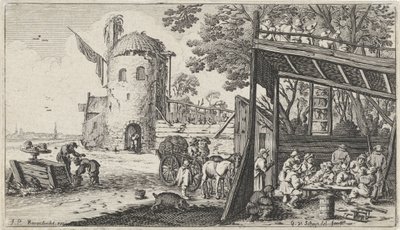 Gazdák egy asztal körül egy istállóban (az íz) Tájak az öt érzékkel (sorozat címe) alkotó: Gillis van Scheyndel (I)