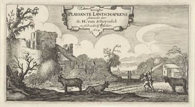 Tizenkét tájkép címnyomata figurákkal Eenighe Playsante Lantschapkens (cím a tárgyon) Tizenkét táj figurákkal (sorozat címe) alkotó: Gillis van Scheyndel (I)