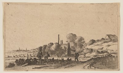Figurák egy ösvényen a farmok előtt a dűnéken, a Tizenkét tájképből alkotó: Gillis van Scheyndel