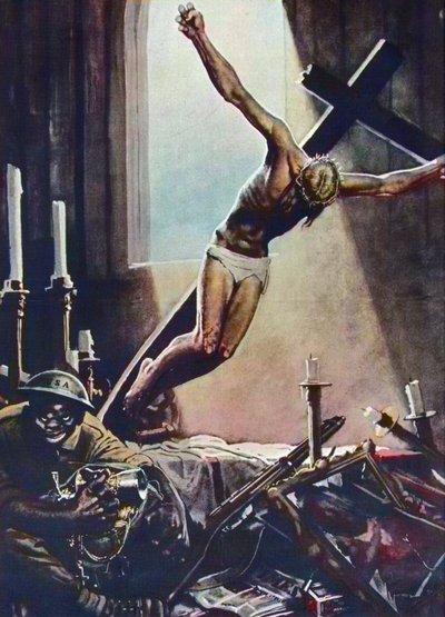 Anti-Amerika második világháborús poszter - Fekete amerikai fosztogató templom - Gino Boccasile (1901-1952) plakátja - USA elleni olasz propaganda 1943 - Gino Boccasile (1901-1952) plakátja alkotó: Gino Boccasile