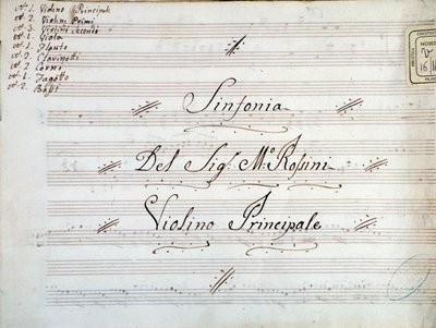 Gioacchino Rossini szimfóniájához készült hegedűs kotta első oldalának részlete alkotó: Gioachino Rossini