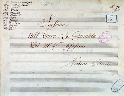 Gioachino Rossini Hamupipőke vagy a Jóság diadala című szimfóniájához írt hegedű partitúrájának címlapja alkotó: Gioachino Rossini