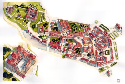 Guimaraes városának légi látképe: balra a 11. században épült vár és kolostor. Portugália. Illusztráció: Giorgio Albertini. (A szerző műveinek felhasználásához nem szükséges harmadik fél engedélye vagy t alkotó: Giorgio Albertini