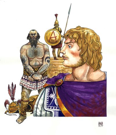 Antikvitás: Nagy Sándor makedón király (Kr. e. 356-323), mögötte fenikiai kalózok (karthágóiak), akiknek flottáit Kr. e. 332 körül elpusztította. alkotó: Giorgio Albertini