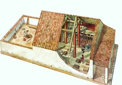 Bizánci építészet: a Classe dokkok területének, Ravenna város kikötőjének (Ravenna) Class raktárának, raktárának rekonstrukciója Justinianus császár idején. Olaszország 7. század. Az épületrészlet lehetővé teszi a tárolt áruk megtekintését. alkotó: Giorgio Albertini